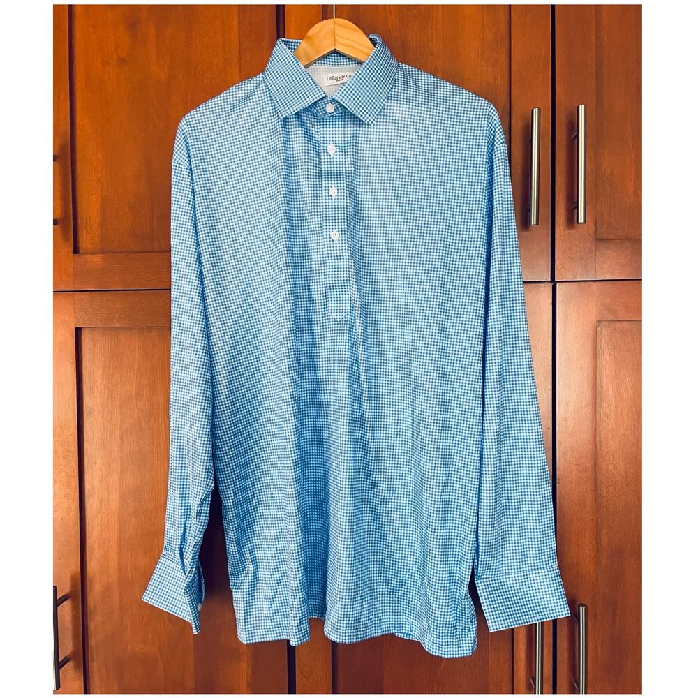 Collars and Co Polo Shirt Semi Spread Collar Light Blue Micro Gingham Size XL